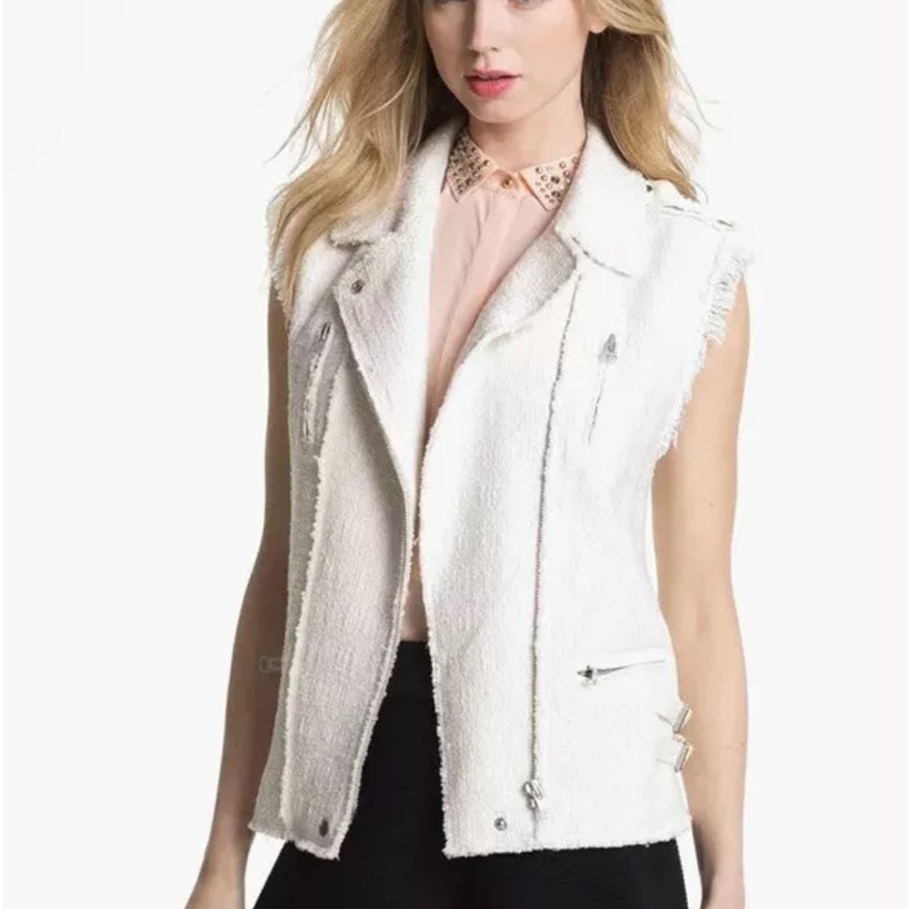 Rebecca Taylor Ivory Tweed Academia Lambs Leather Zip Up Moto Vest Size XS